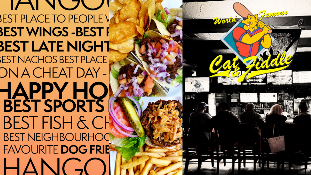 A vibrant advertisement for Cat & Fiddle, featuring a collage of delicious food items like nachos, wings, and burgers alongside a lively bar scene and the restaurant's logo.