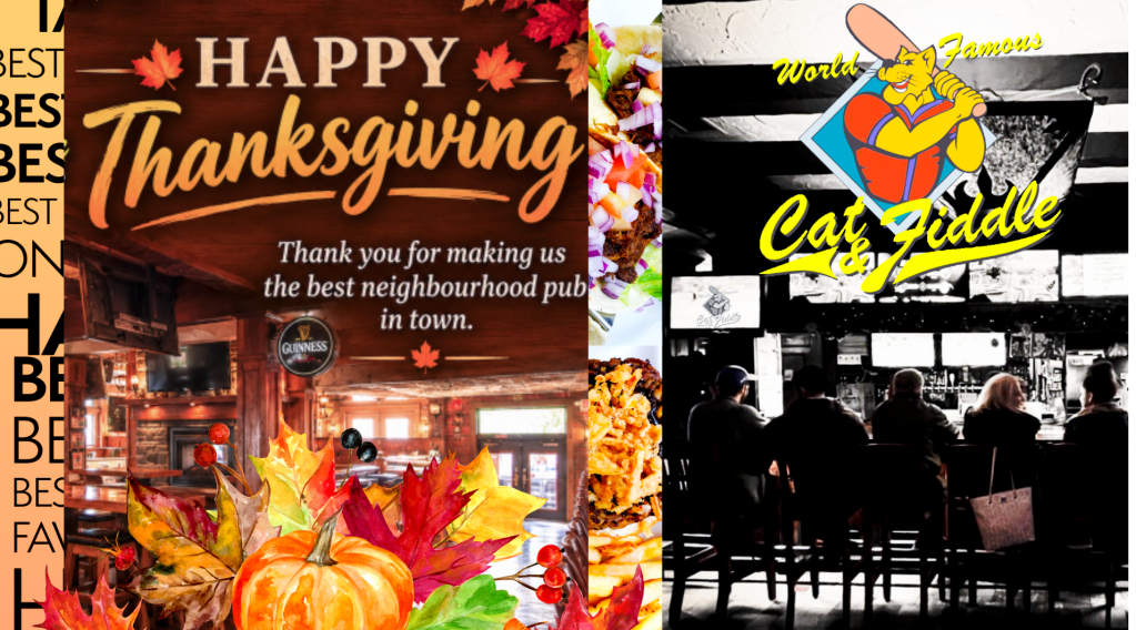 A graphic wishing 'Happy Thanksgiving' with autumn leaves and a cozy pub interior in the background, featuring a thank you message.
